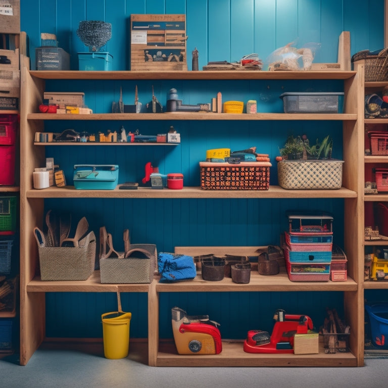 A clutter-free workshop with neatly organized tool storage bins, each adorned with colorful labels, arranged on a wooden pegboard, surrounded by various DIY project tools and materials.