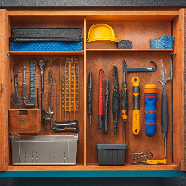 A tidy tool cabinet drawer with dividers, small parts storage bins, and a pegboard backing, featuring a hammer, pliers, screwdrivers, and wrenches arranged by type and size.