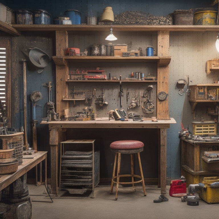 A cluttered workshop with scattered tools, contrasted with a compact storage system featuring a pegboard, stacked bins, and a folding workbench, all nestled within a narrow, well-lit alcove.