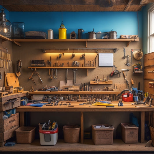 A tidy, well-lit workshop with a wooden workbench, surrounded by labeled pegboards, hooks, and bins, featuring various tools and gadgets, with a few charts and diagrams pinned to a corkboard in the background.