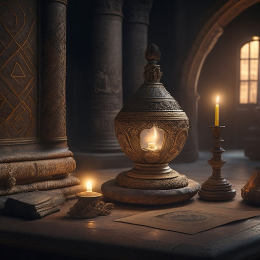 A dimly lit, ornate chamber filled with ancient artifacts; a cryptic, stone pedestal at center, with a glowing, cryptic orb and a partially unfurled, yellowed parchment with intricate, hand-drawn symbols.