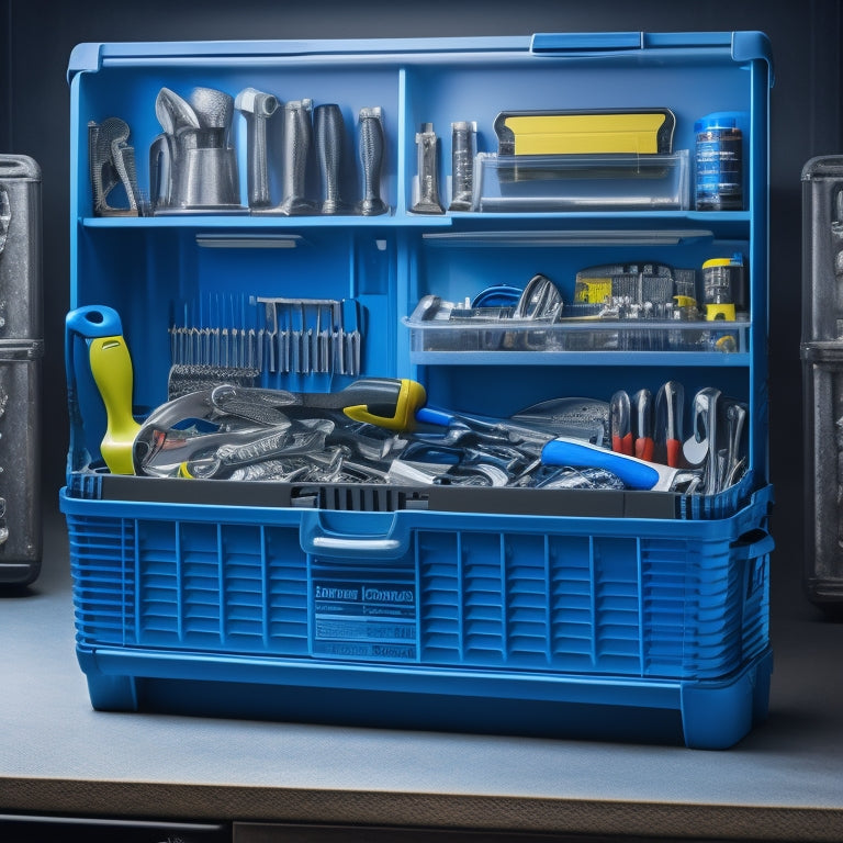 A tidy tool box with assorted tools, such as wrenches, pliers, and screwdrivers, neatly arranged in transparent plastic bins and dividers, with a few tools spilling out of an open compartment.