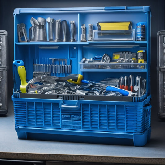 A tidy tool box with assorted tools, such as wrenches, pliers, and screwdrivers, neatly arranged in transparent plastic bins and dividers, with a few tools spilling out of an open compartment.