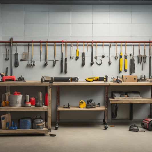 A well-organized workshop with three wall racks, each holding a variety of tools, such as hammers, screwdrivers, and wrenches, against a clean, gray concrete background with subtle shadows.