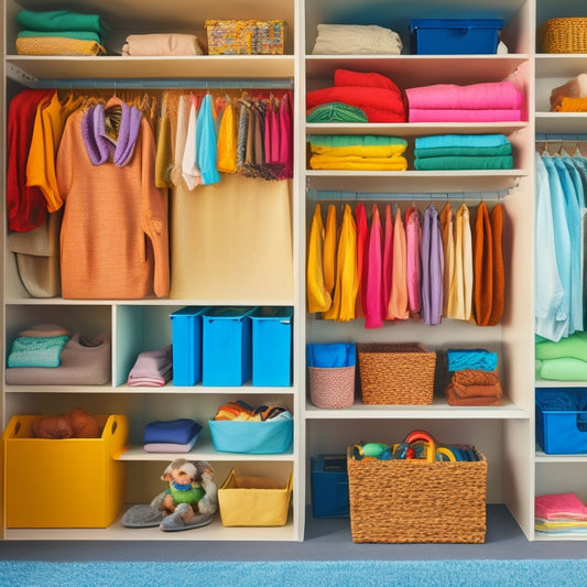 A tidy, well-organized closet with various sizes and shapes of storage bins in different colors and materials, with a few open to reveal neatly folded clothes and toys.