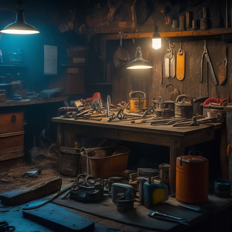 A dimly lit, cluttered workshop with scattered tools, contrasted with a tidy, organized toolbox in the corner, featuring neatly arranged wrenches, pliers, and screwdrivers, with a soft, warm glow.