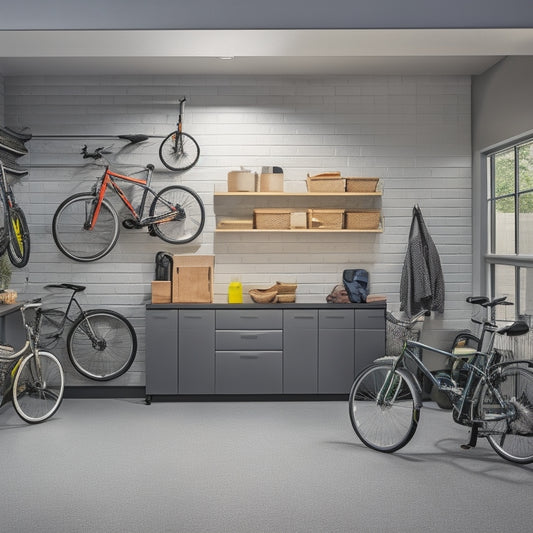 A well-lit, modern garage with sleek, gray cabinets and shelves, showcasing neatly organized tools, baskets, and bins, with a few bicycles and a car in the background, set against a clean, white floor.