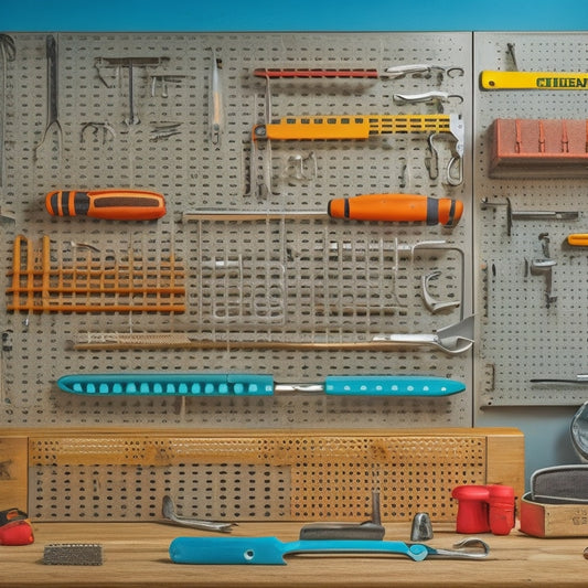 A tidy, well-organized pegboard with various tools and accessories, such as hammers, screwdrivers, pliers, and wrenches, arranged in a visually appealing, symmetrical composition.