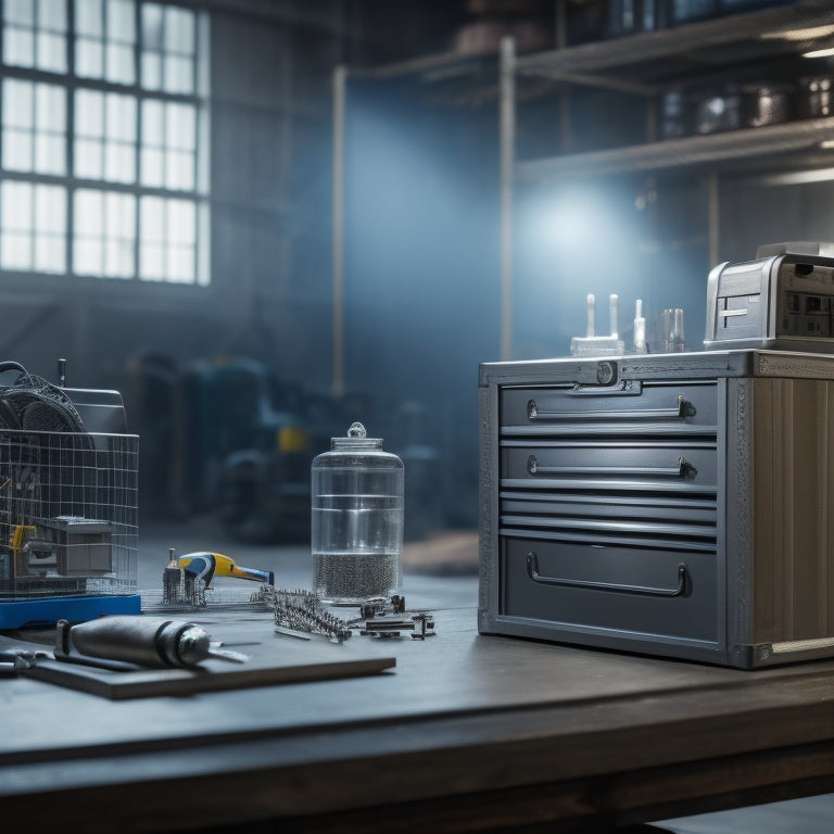 A sleek, silver toolbox with transparent drawers, illuminated from within, sits on a workbench surrounded by scattered tools and machinery parts, with a blurred, industrial background.