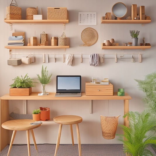 A modern, minimalist workspace with a large, wall-mounted pegboard in a warm, natural wood tone, holding an assortment of stylish baskets, hooks, and accessories in a harmonious, balanced arrangement.