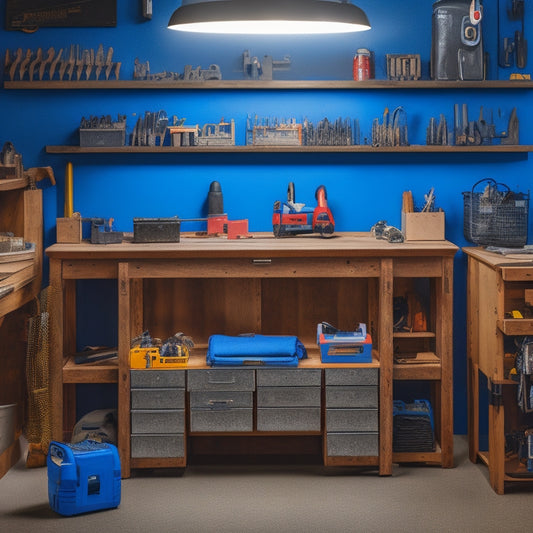 A clutter-free workshop with a organized pegboard, a toolbox with labeled drawers, a cordless drill on a charging station, and a well-lit workbench with a vice and a measuring tape.