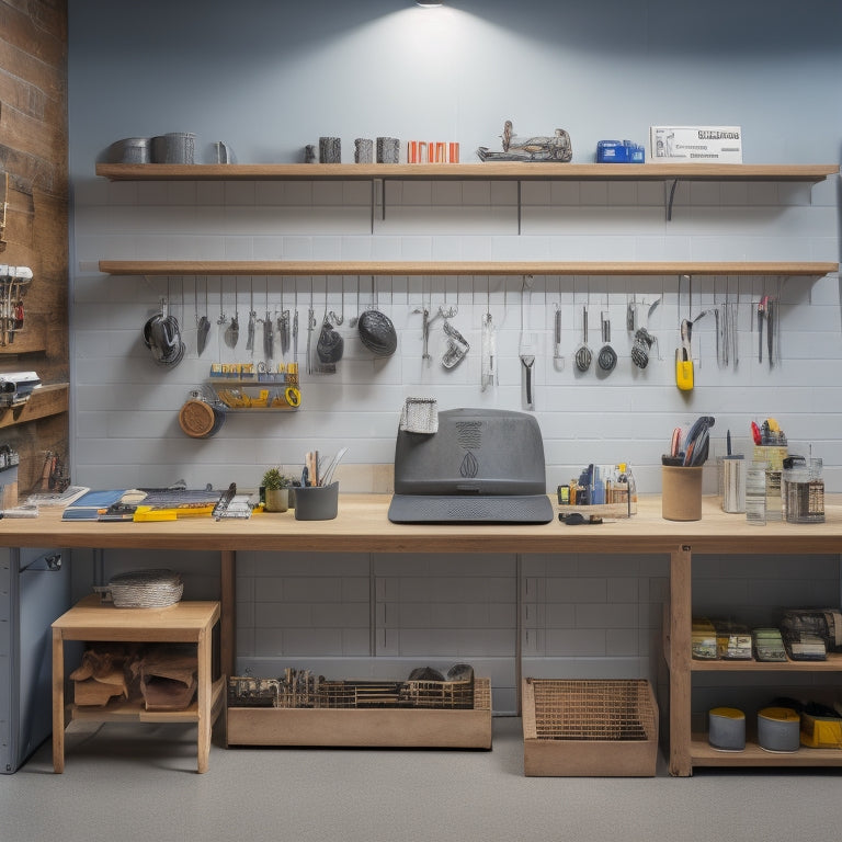 A well-organized workshop with a compact workbench, pegboard with hanging tools, and a shelving unit with labeled bins, set against a clean, light-gray background with subtle shadows and soft lighting.