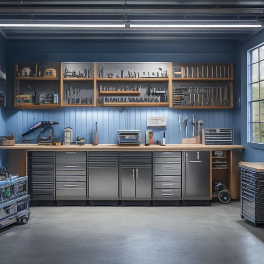 A tidy, well-lit garage workshop with a row of sleek, silver metal tool cabinets and drawers, adorned with chrome handles, standing against a wall with a few tools and gadgets organized on top.