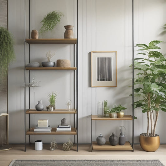 A minimalist, modern room with a floor-to-ceiling slat wall shelving system, featuring adjustable wooden slats, sleek metal brackets, and neatly arranged decorative objects, books, and plants.