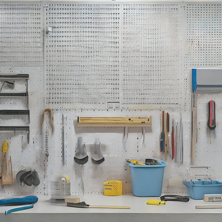 A well-organized workshop with a partially installed pegboard featuring various tools and accessories, such as hammers, screwdrivers, and bins, against a light-gray background with a faint grid pattern.