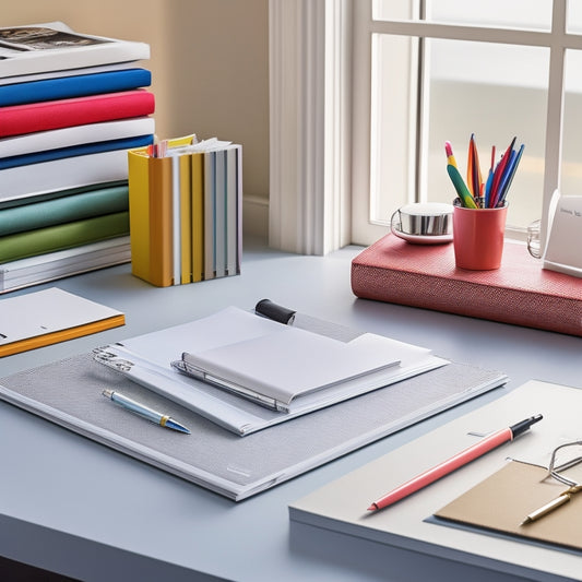 A clutter-free desk with a sleek, open vinyl binder featuring crisp, white pages with sturdy, silver rings, surrounded by neatly organized office supplies and a few colorful pens.