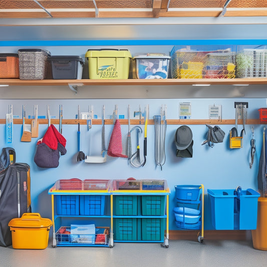 A tidy, well-organized small garage with a slatwall featuring assorted bins, baskets, and hooks, a compact workstation with a vice, and a sleek overhead storage rack with labeled containers.