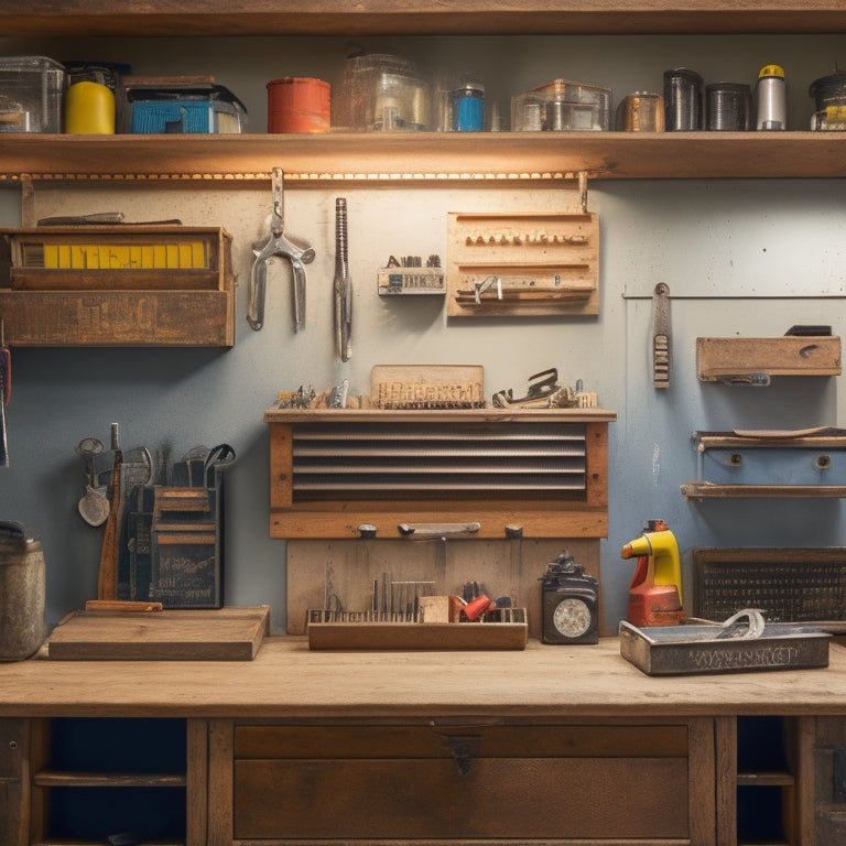 A clutter-free workbench with a horizontal pegboard featuring neatly hung wrenches of various sizes, surrounded by labeled wooden crates and a metal toolbox with open drawers revealing organized wrench trays.