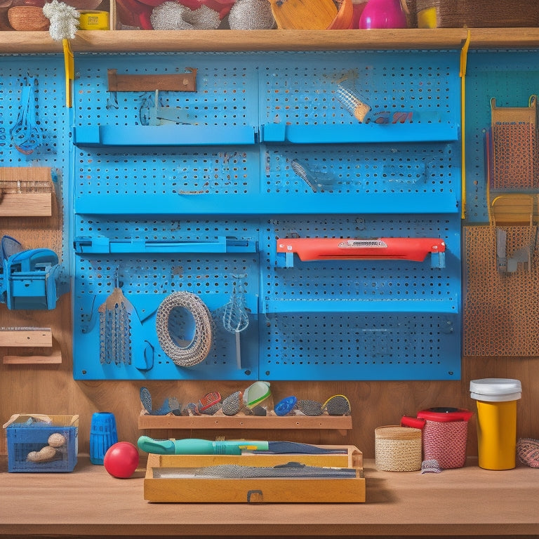 A pegboard with various colorful hooks, baskets, and containers holding tools and accessories, surrounded by a workbench with a few DIY projects in progress, against a light wood-grain background.