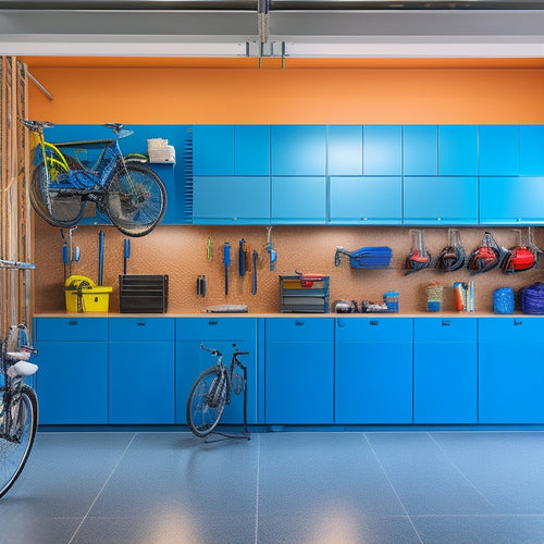 A bright, modern garage with sleek metallic cabinets, showcasing various storage bins in different shapes, sizes, and colors, organized on shelves, hooks, and on the floor, with a few tools and bikes nearby.