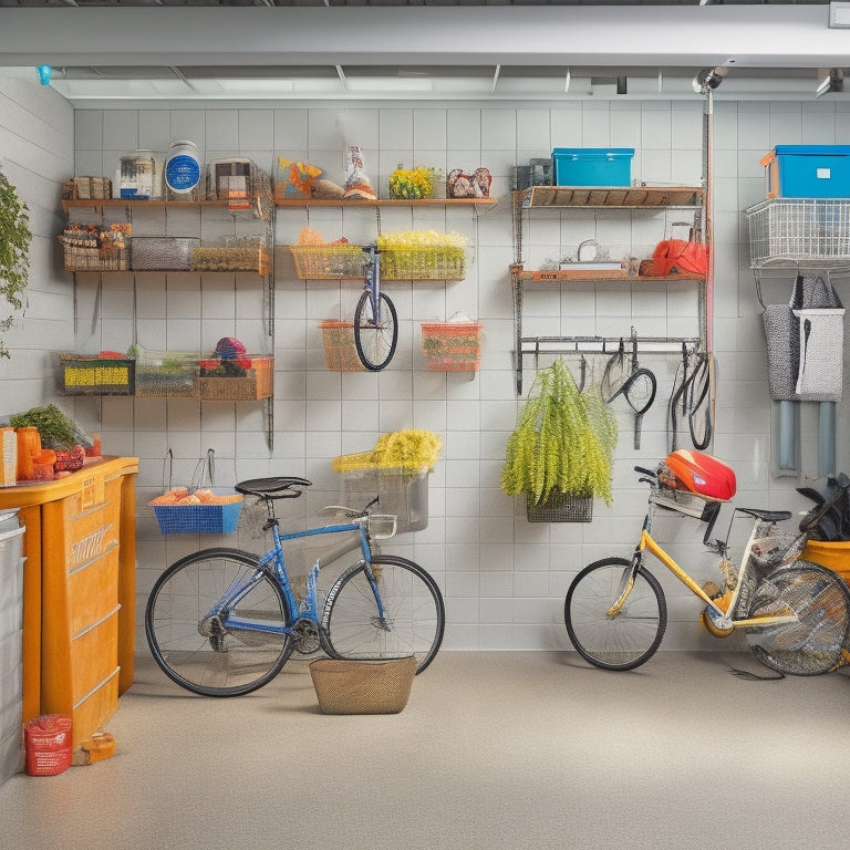 A clutter-free garage with a sleek, silver pegboard covered in hanging baskets, bins, and tools, adjacent to a floor-to-ceiling shelving unit with labeled storage containers and a few bicycles suspended from the ceiling.