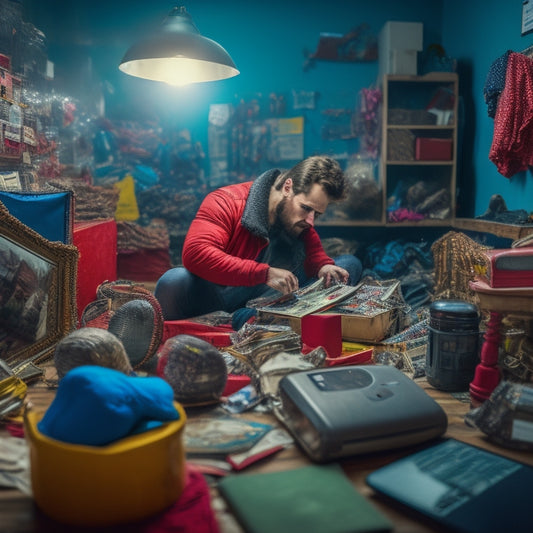 A cluttered room with scattered items, a person in the background looking frustrated, and a smartphone in the foreground with a search engine open, displaying a map with a red pin marking a nearby storage facility.