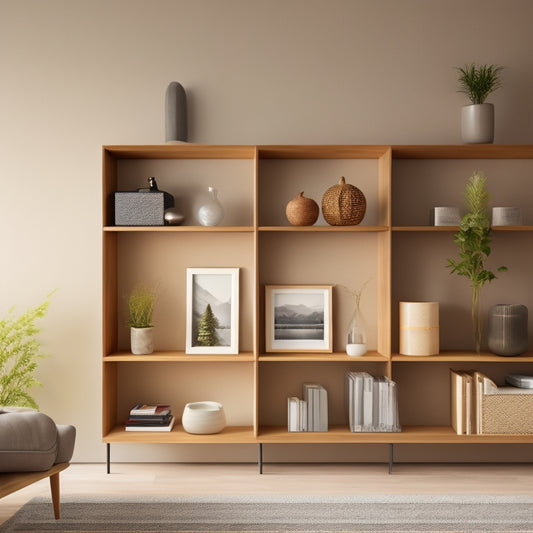 A minimalist living room with a compact wall shelving system featuring 3-4 floating shelves in a warm wood tone, holding a few decorative items and books, against a light gray background.