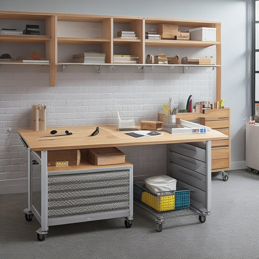 A modern, clutter-free workspace featuring a sleek, silver rolling workbench organizer with multiple drawers, a built-in pegboard, and a wooden top, set against a light-gray background with subtle shadows.
