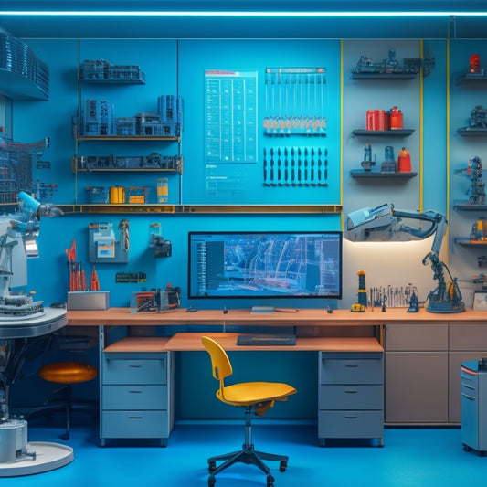 A futuristic, high-tech workspace with a large, sleek pegboard wall in the background, surrounded by organized tools, gadgets, and futuristic machinery, with a robotic arm in the foreground.