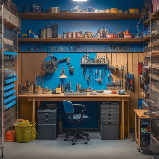 A tidy workshop with a pegboard on the wall, labeled bins on shelves, and a centralized workstation with a vice, surrounded by a few neatly arranged tools and a small, organized parts tray.