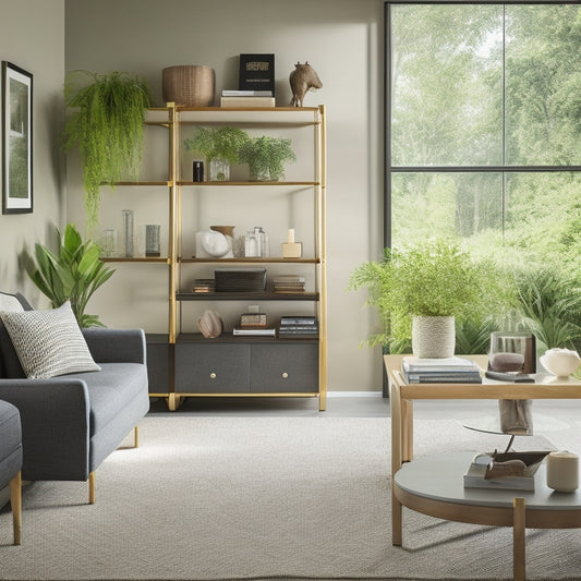 A serene, modern living room with a sleek, wall-mounted shelving unit, a storage ottoman, and a minimalist coffee table with built-in drawers, surrounded by lush greenery and soft, natural light.