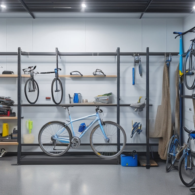 A well-lit, organized garage with a sleek epoxy floor, featuring a row of sturdy hooks on a pegboard, holding neatly arranged bicycles, tools, and accessories, against a clean, white background.