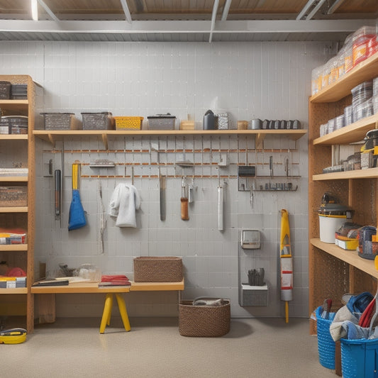 A tidy garage with a slatted pegboard on the wall, holding neatly organized tools and accessories, surrounded by a mix of floor-to-ceiling shelving units and compact storage bins.