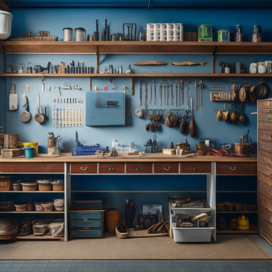 A well-organized workshop with a pegboard on the wall, holding neatly arranged tools, and a rolling cabinet with labeled drawers, surrounded by a clean and clutter-free floor.