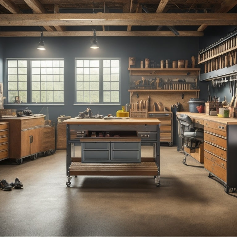 A clutter-free workshop with a massive, rugged husky workbench at its center, featuring sturdy steel legs, a thick wooden top, and rows of spacious drawers and cabinets in a sleek, industrial design.