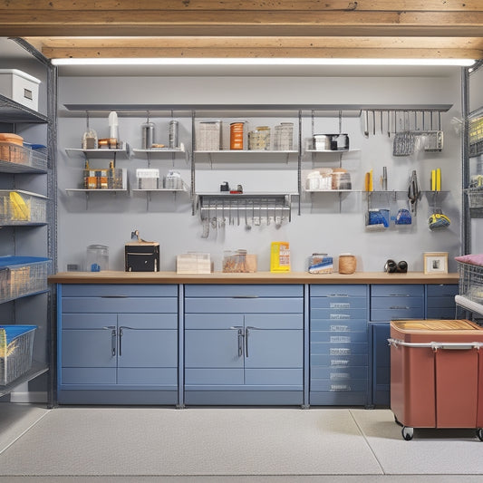 A well-organized garage interior with slatwall panels, hooks, and bins, featuring a workstation with a pegboard, a shelving unit with labeled baskets, and a floor-to-ceiling cabinet with glass doors.