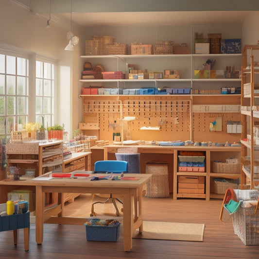 A serene, well-lit craft room with a large, wooden worktable in the center, surrounded by organized shelves, colorful storage bins, and a pegboard with neatly hung crafting tools.