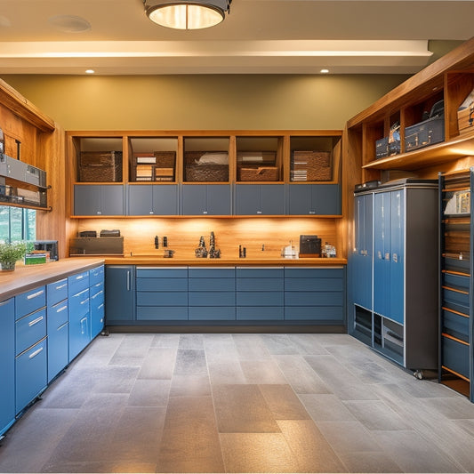 A modern garage with sleek, floor-to-ceiling custom cabinets in a warm wood tone, featuring pull-out bins, adjustable shelves, and a slatwall with neatly organized tools and accessories.