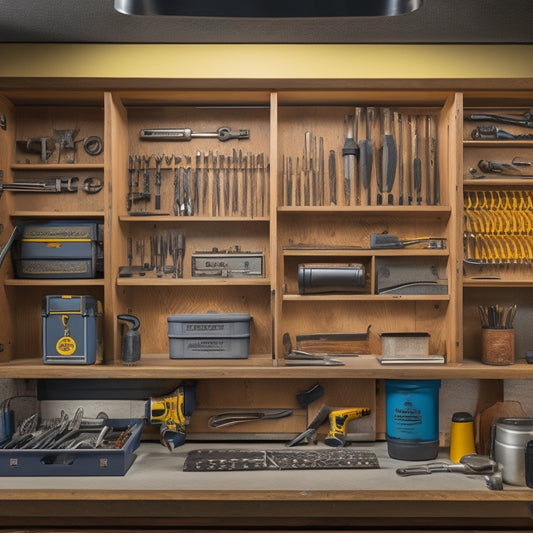 A tidy workshop with a partially open drawer organizer, showcasing dividers, compartments, and inserts holding various tools and accessories, such as wrenches, pliers, screwdrivers, and drill bits.