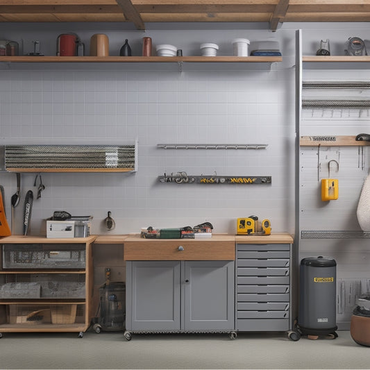 A clutter-free garage with a pegboard on the wall, holding an organized array of tools, and a rolling cabinet with labeled drawers, set against a clean, light-gray background.