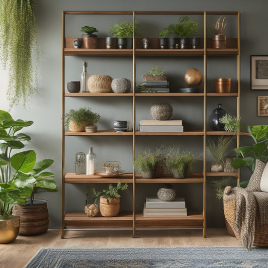 A stylish living room with a sleek, reclaimed wood wall shelving unit featuring five horizontal shelves, decorative metal brackets, and a mix of vases, books, and potted plants arranged artfully.