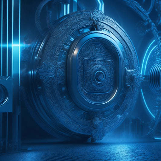 A futuristic, metallic-gray background with a 3D padlock at its center, surrounded by swirling blue circuit lines and gears, radiating light and energy, symbolizing advanced security and innovation.