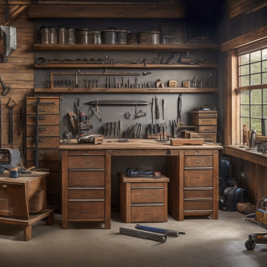 A clutter-free workshop with a sturdy, steel-framed tool chest in the center, surrounded by neatly arranged power tools, wrenches, and screwdrivers, with a wooden workbench in the background.