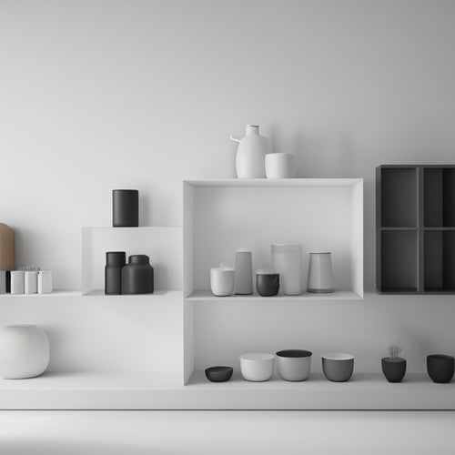 A minimalist, monochromatic illustration of a compact, modern room with four to five small shelving units of varying shapes and sizes, each showcasing unique storage solutions for tight spaces.