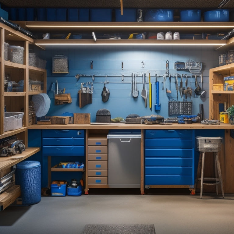 A well-lit, organized garage with a pegboard on the wall, hooks holding tools and accessories, a rolling cabinet with labeled drawers, and a workbench with a built-in vise and tool holders.