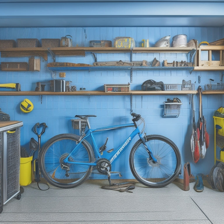 A cluttered garage with scattered tools, bikes, and storage bins, contrasted with a tidy section featuring a slatwall with hooks, bins, and a pegboard, showcasing a bikelift and a workbench with organized tools.