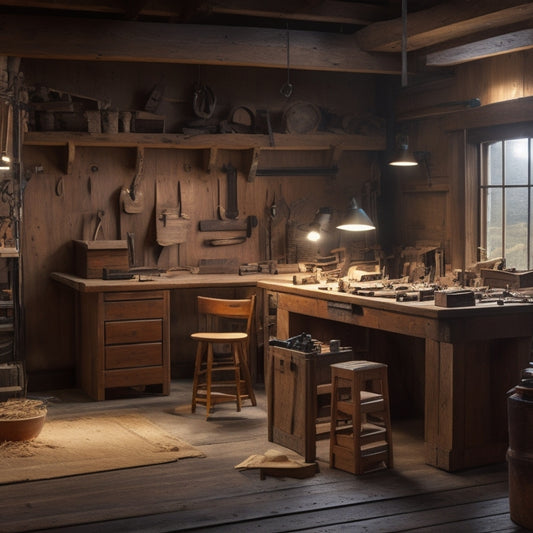A warm, well-lit woodworking shop with various tools and projects in progress, surrounded by wooden planks and shavings, with a computer screen displaying a forum webpage in the background.