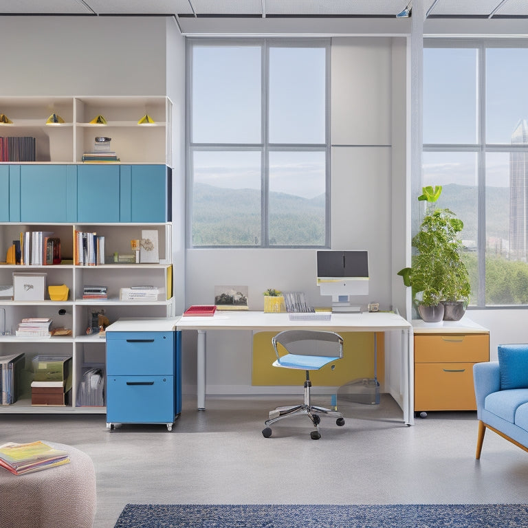 A modern, open-concept office space with sleek, modular furniture, floating shelves, and colorful accents, featuring a central hub with a rotating, ergonomic desk surrounded by transparent, stackable storage units.