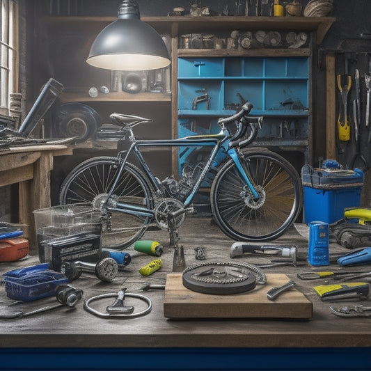 A cluttered workbench with a bicycle upside down, surrounded by various tools, including a socket set, Allen wrenches, and pliers, along with a bike pump, lubricants, and a chain cleaner.