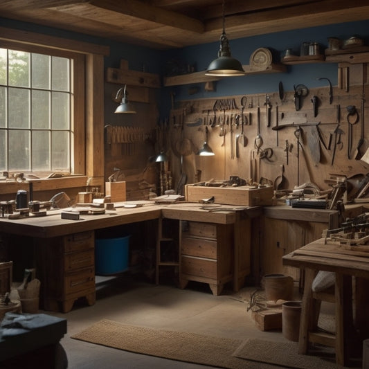 A clutter-free woodworking shop with a well-organized workbench, neatly arranged tools, and a clock in the background, surrounded by subtle hints of wood shavings and half-finished projects.